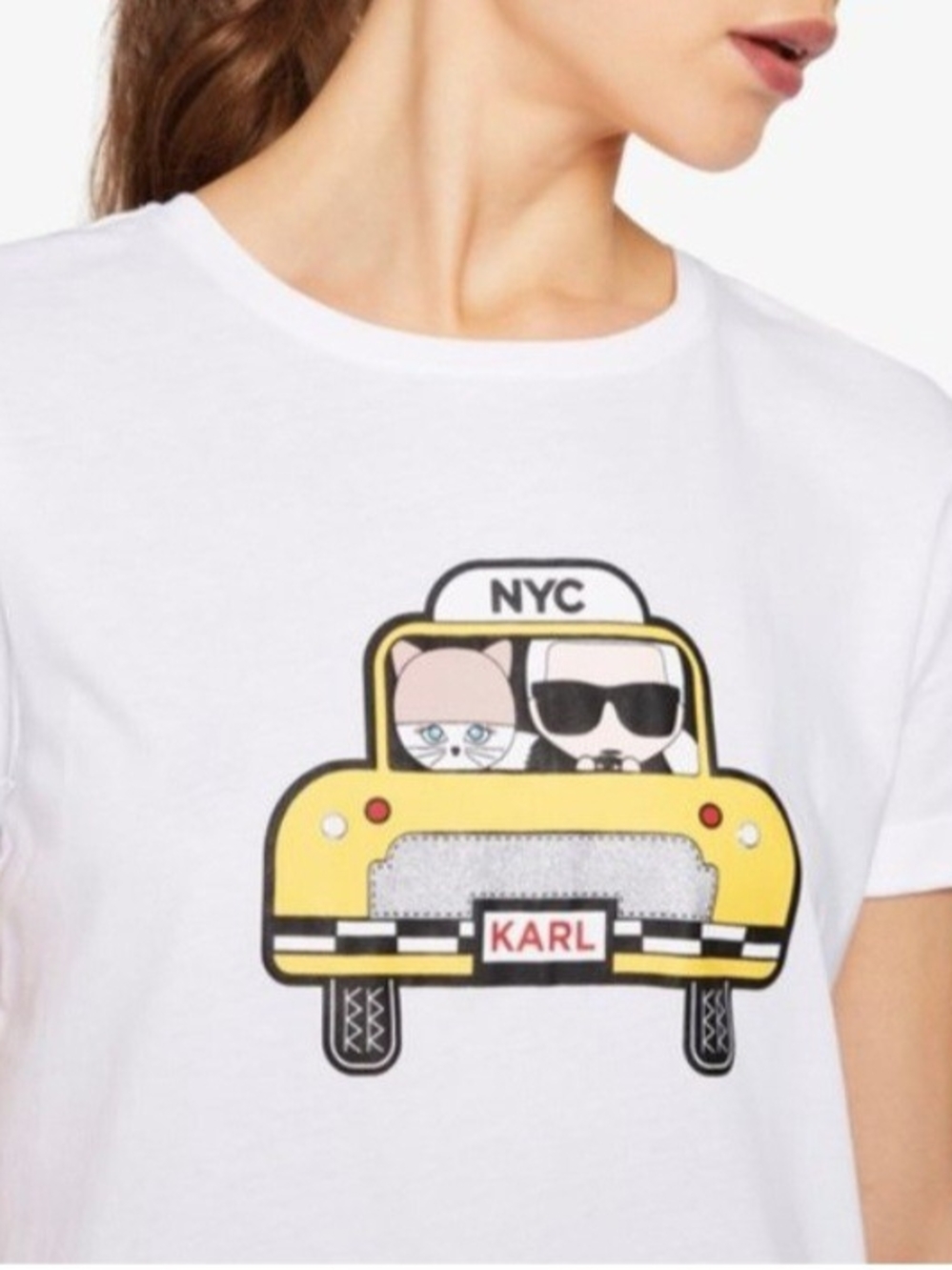 Karl Lagerfeld White Short-Sleeve Tee with Yellow NYC Taxi Graphic